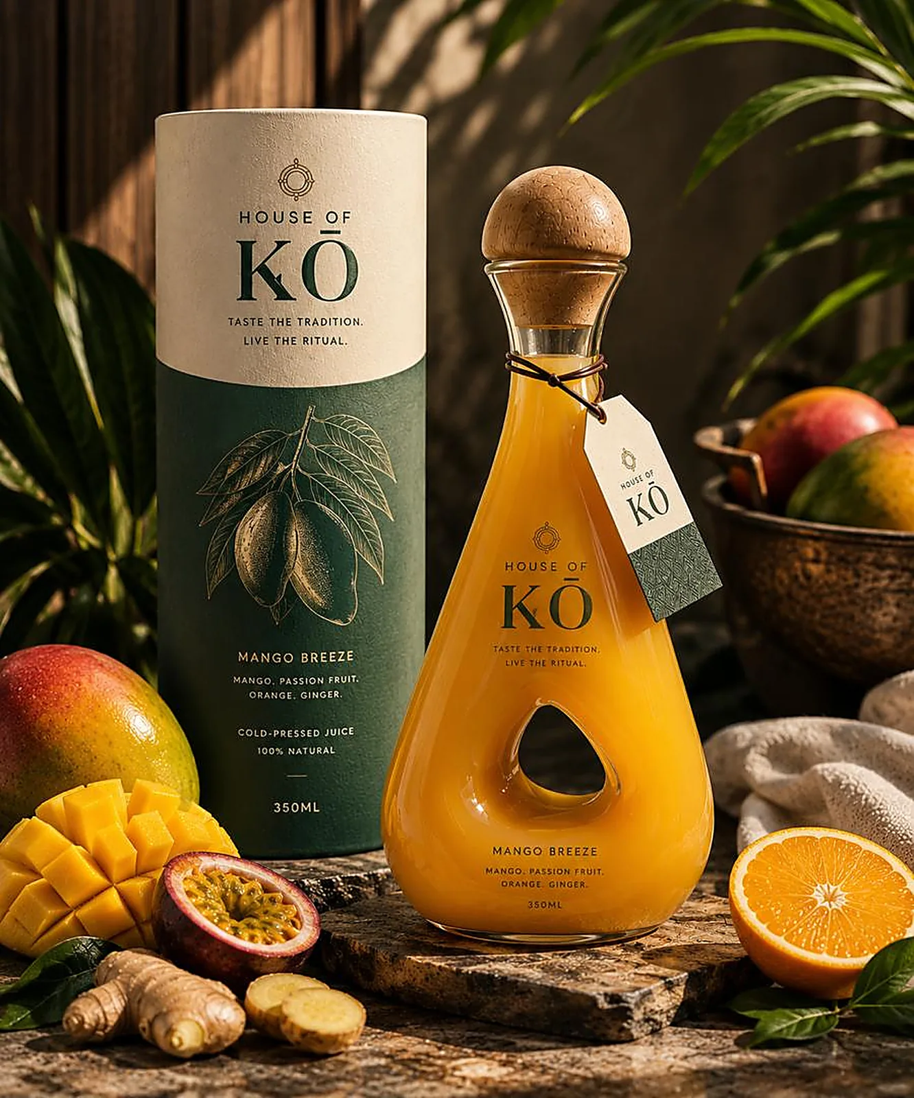 House of KŌ Mango Breeze in the signature teardrop glass bottle with wooden stopper, beside its forest green gift tube with mango, passion fruit and orange