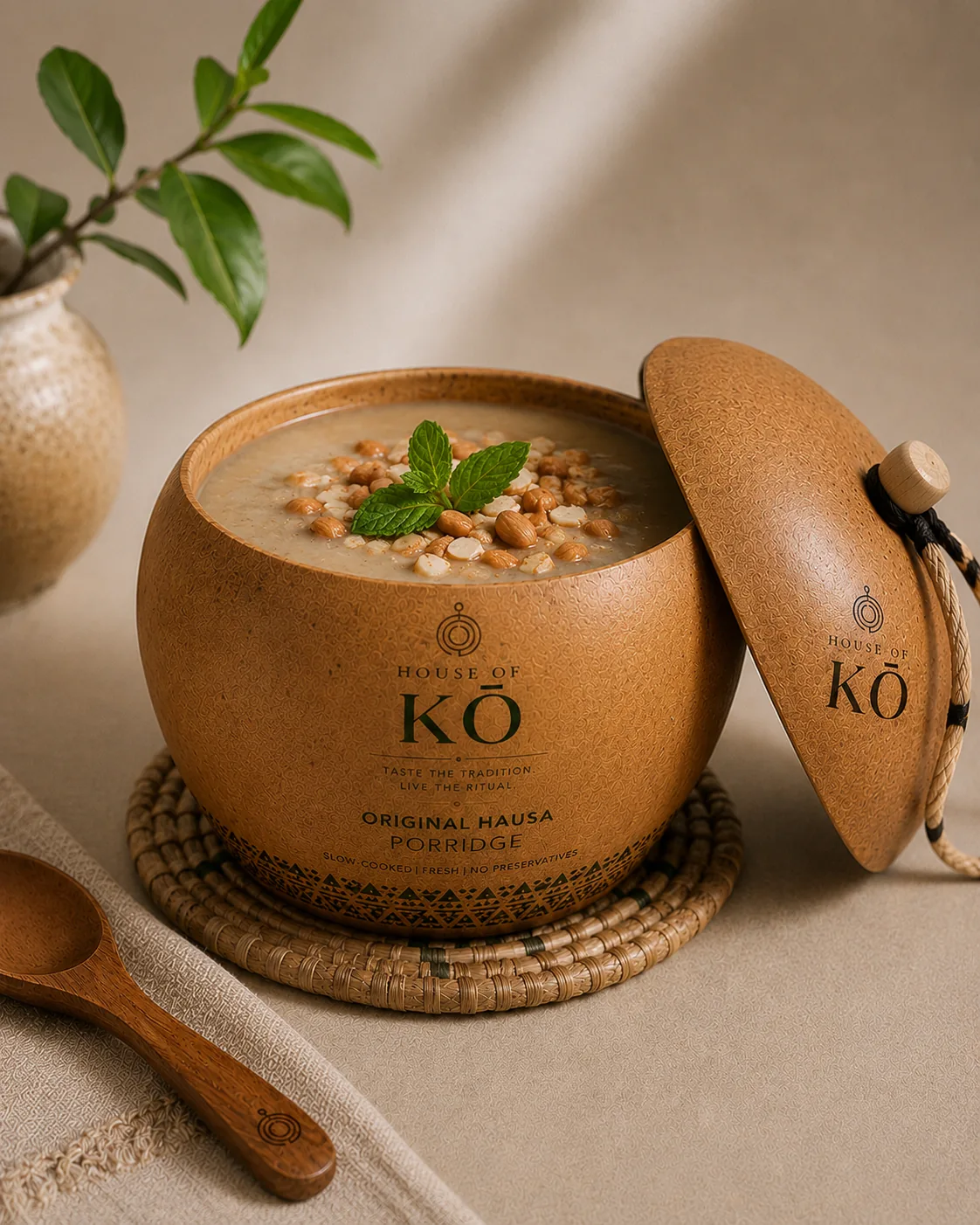 House of KŌ Original Hausa Porridge in a lidded calabash cup topped with groundnuts and mint