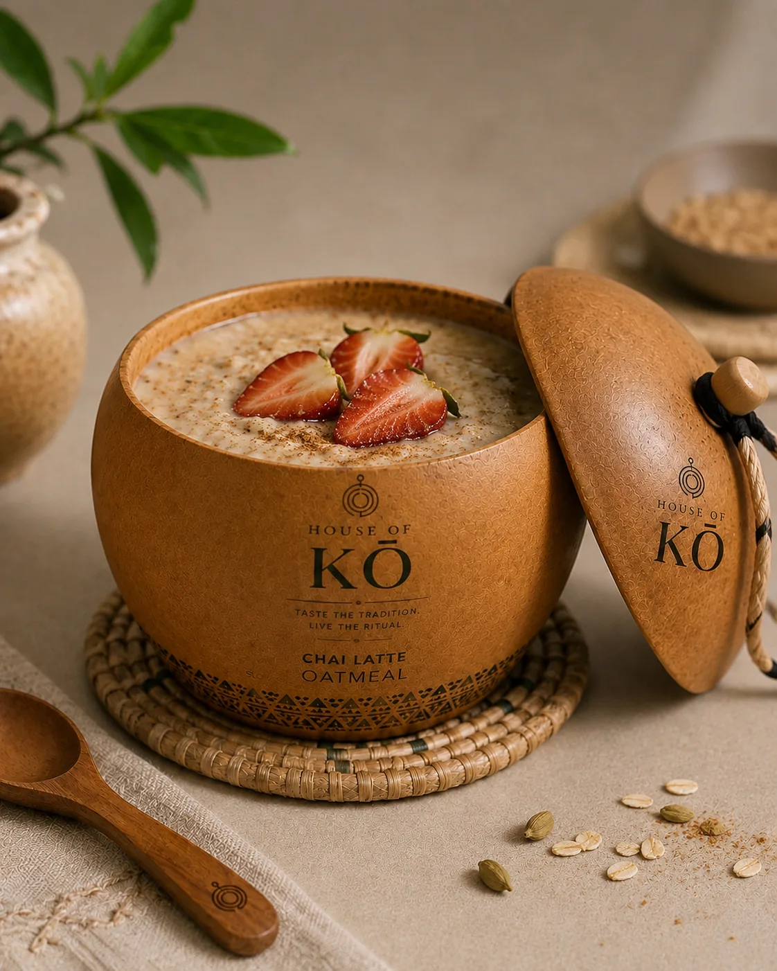 House of KŌ Chai Latte Oatmeal in a lidded calabash bowl topped with strawberries