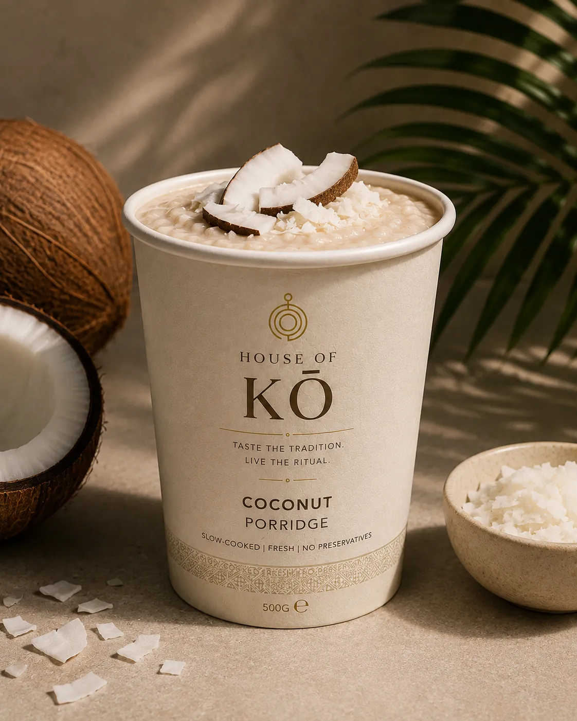 House of KŌ Coconut Porridge cup topped with fresh coconut