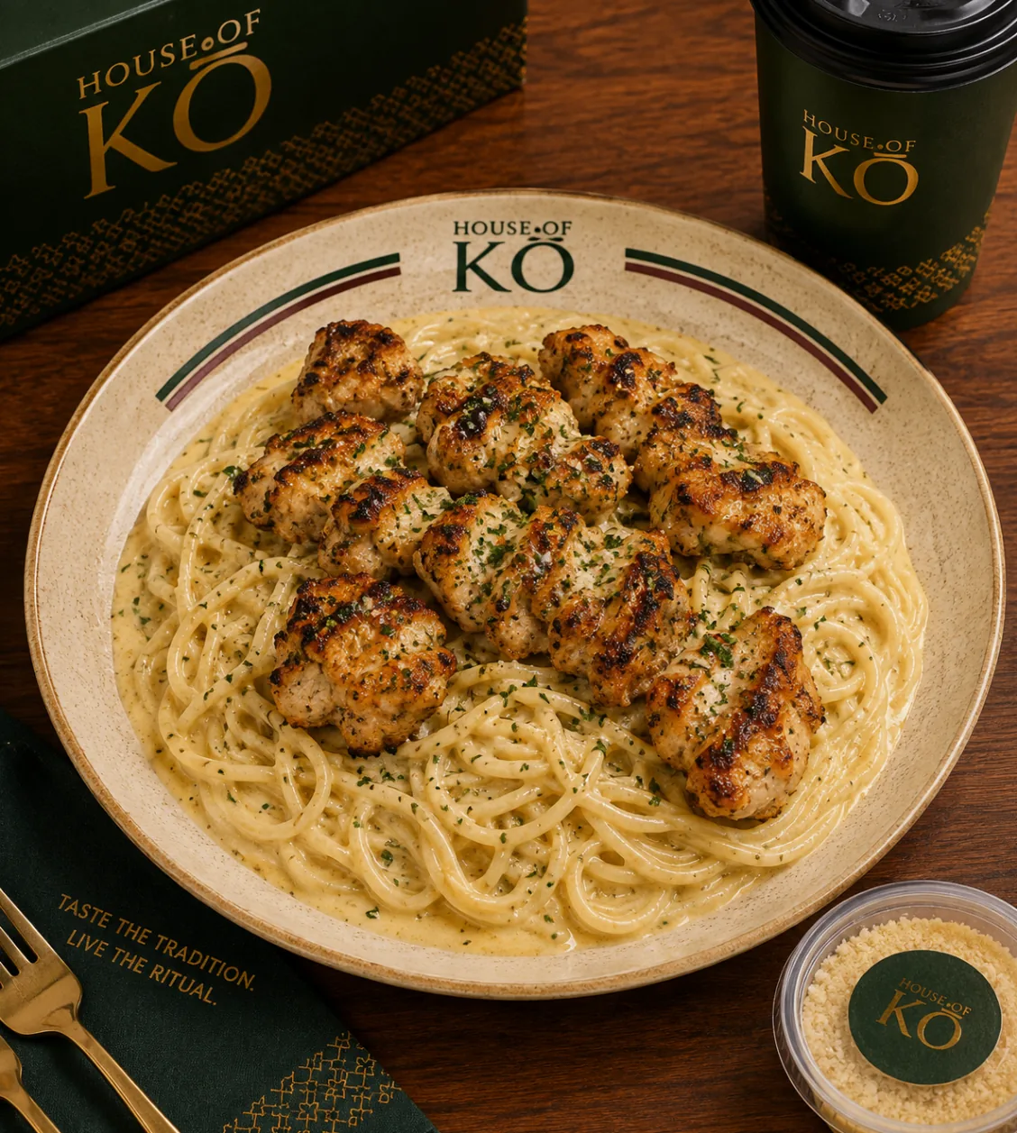 Creamy pasta topped with herb-grilled chicken skewers