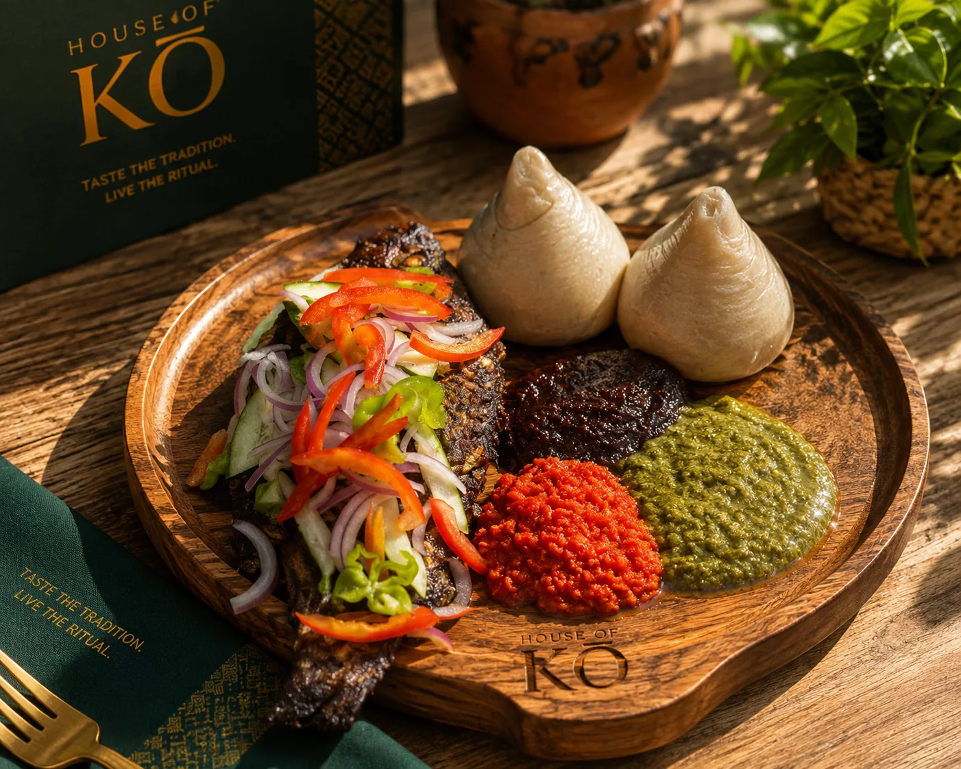 Banku with grilled tilapia and three sauces on a wooden board