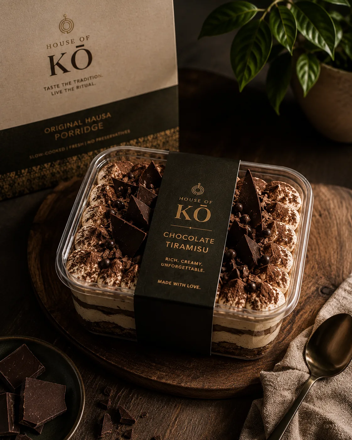 House of KŌ Chocolate Tiramisu in a clear tub with a deep green and gold band, piped cream dusted with cocoa and dark chocolate shards, on a wooden board
