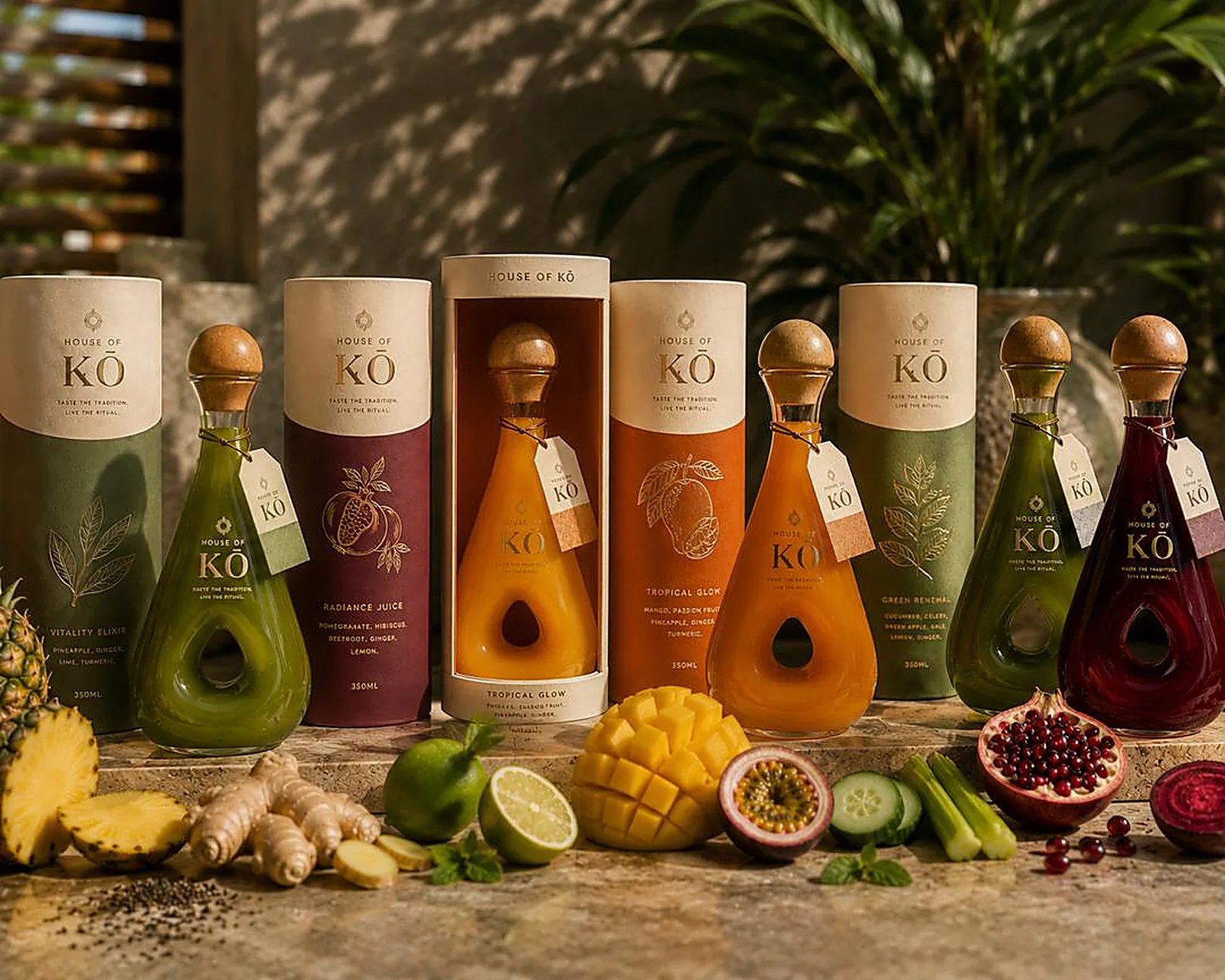 House of KŌ signature juice bottles with branded tube packaging and fresh fruit on a stone ledge