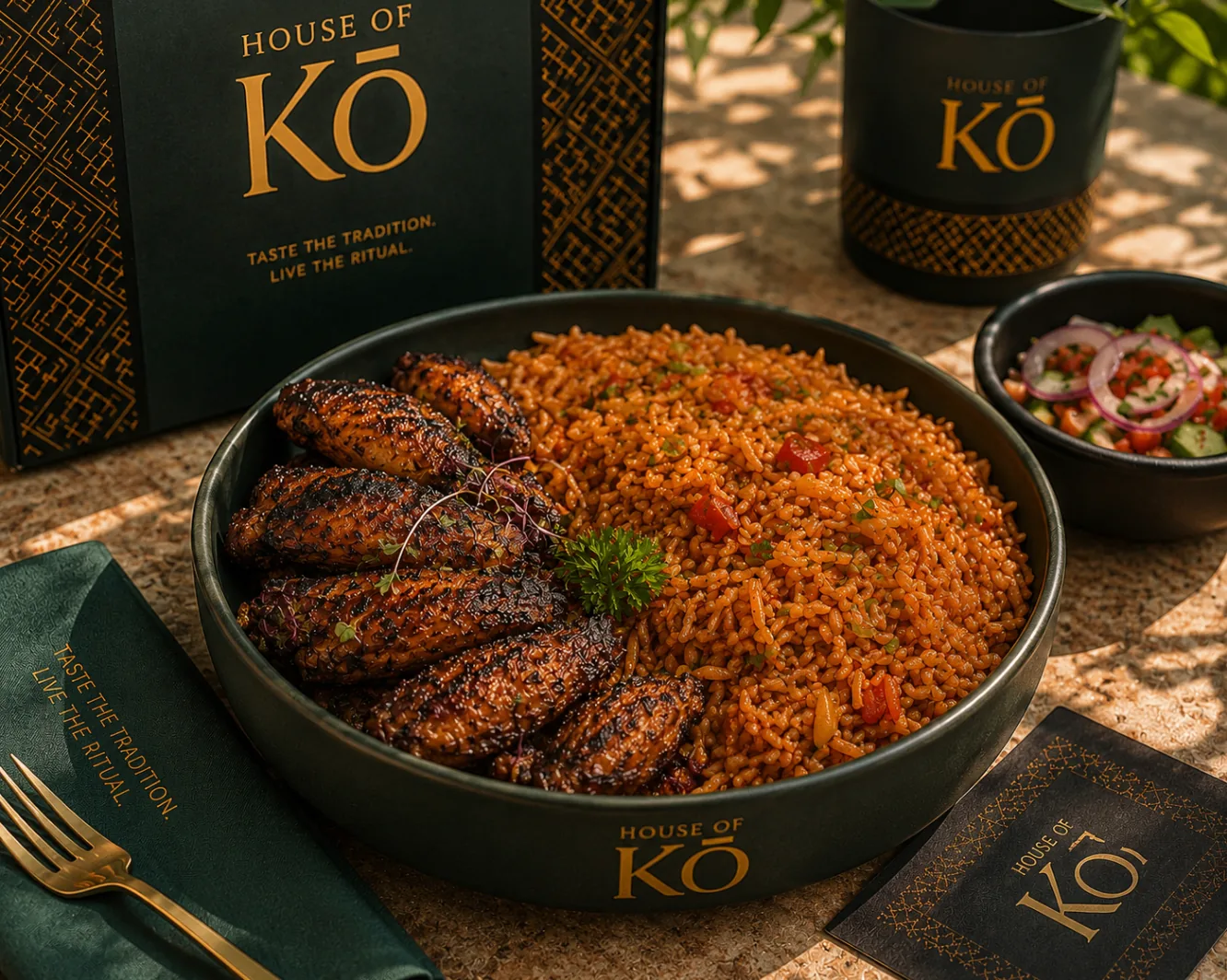 A black bowl of House of KŌ jollof rice with grilled chicken wings beside branded packaging