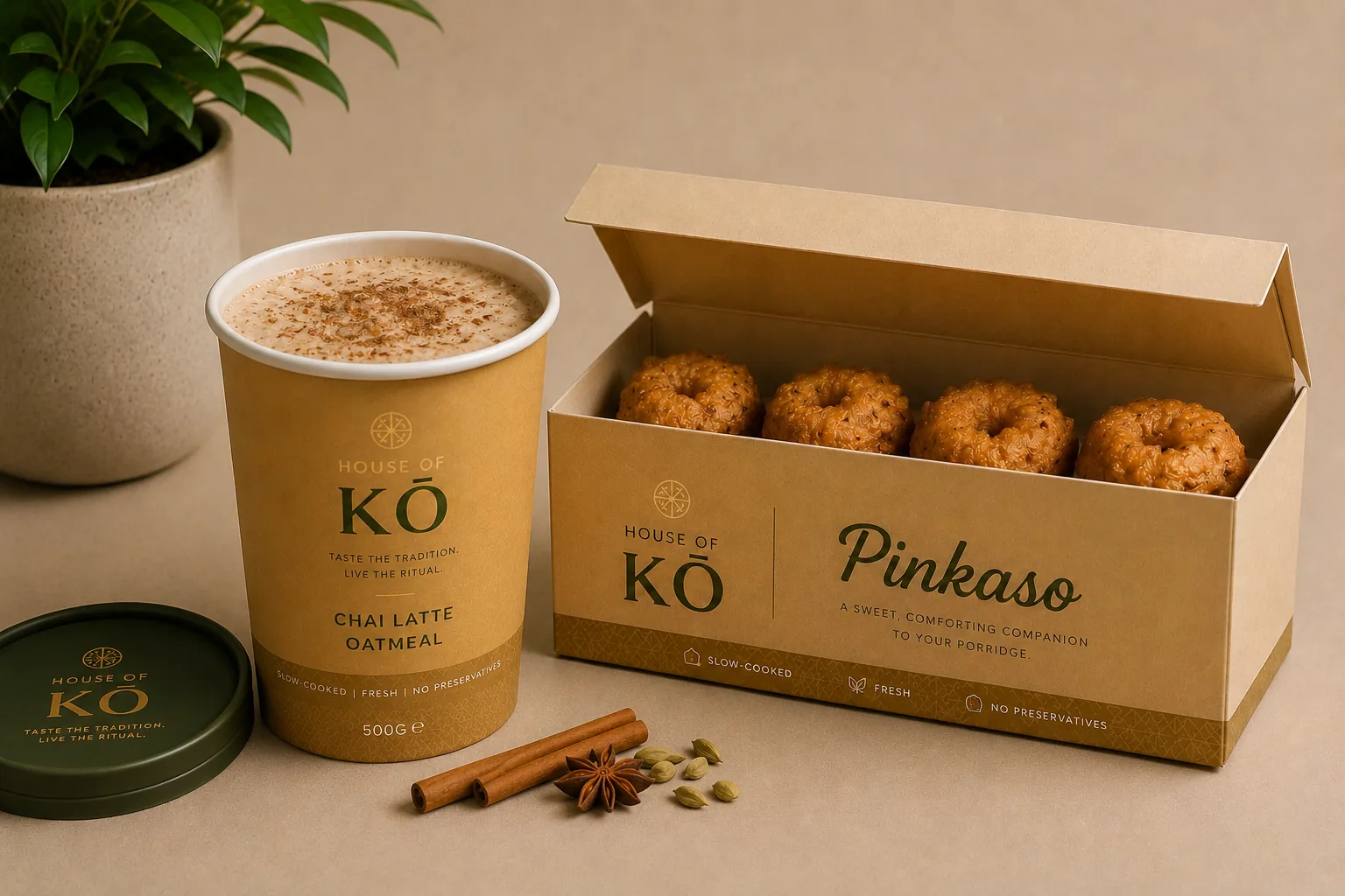 House of KŌ Chai Latte Oatmeal cup beside a box of Pinkaso
