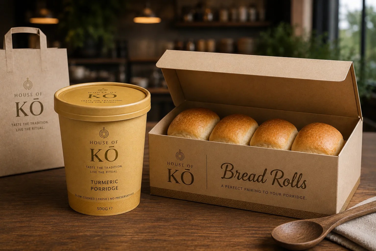 House of KŌ Turmeric Porridge tub beside a box of Bread Rolls
