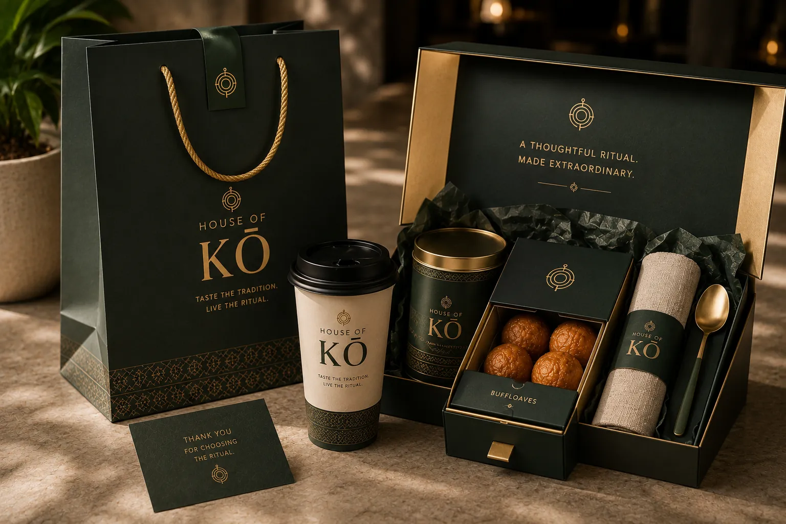 House of KŌ green and gold gift box with house cup, grain tin, Buffloaves drawer, linen wrap and gold spoon