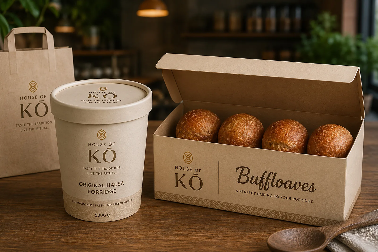 House of KŌ Original Hausa Porridge tub beside a box of Buffloaves