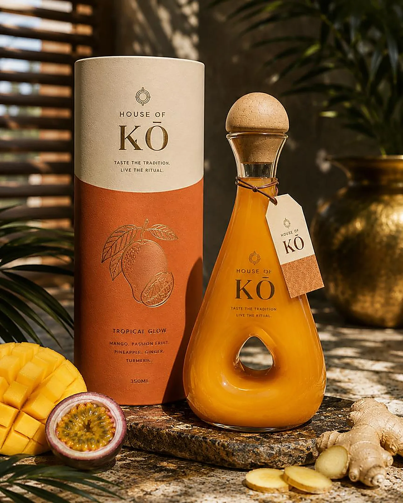 House of KŌ Tropical Glow in the signature teardrop glass bottle with wooden stopper, beside its terracotta gift tube with mango, passion fruit and ginger