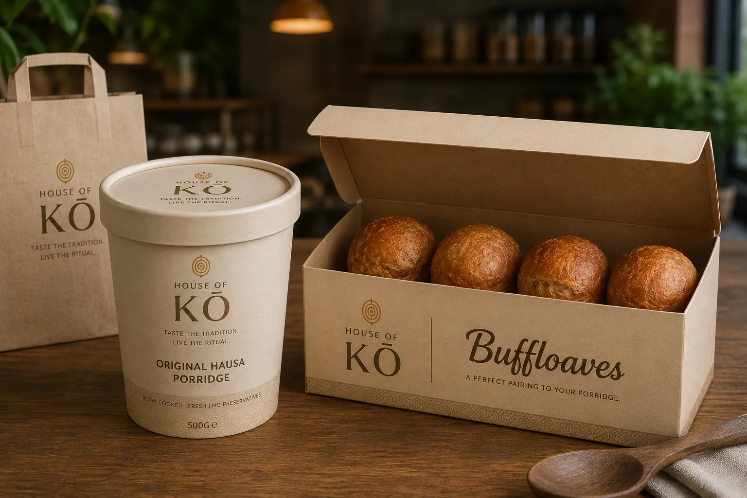 House of KŌ Original Hausa Porridge tub beside a box of Buffloaves