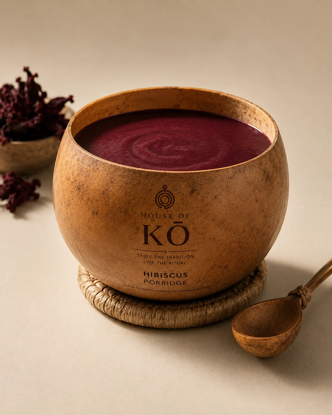 House of KŌ Hibiscus Porridge served in a carved calabash bowl with dried hibiscus