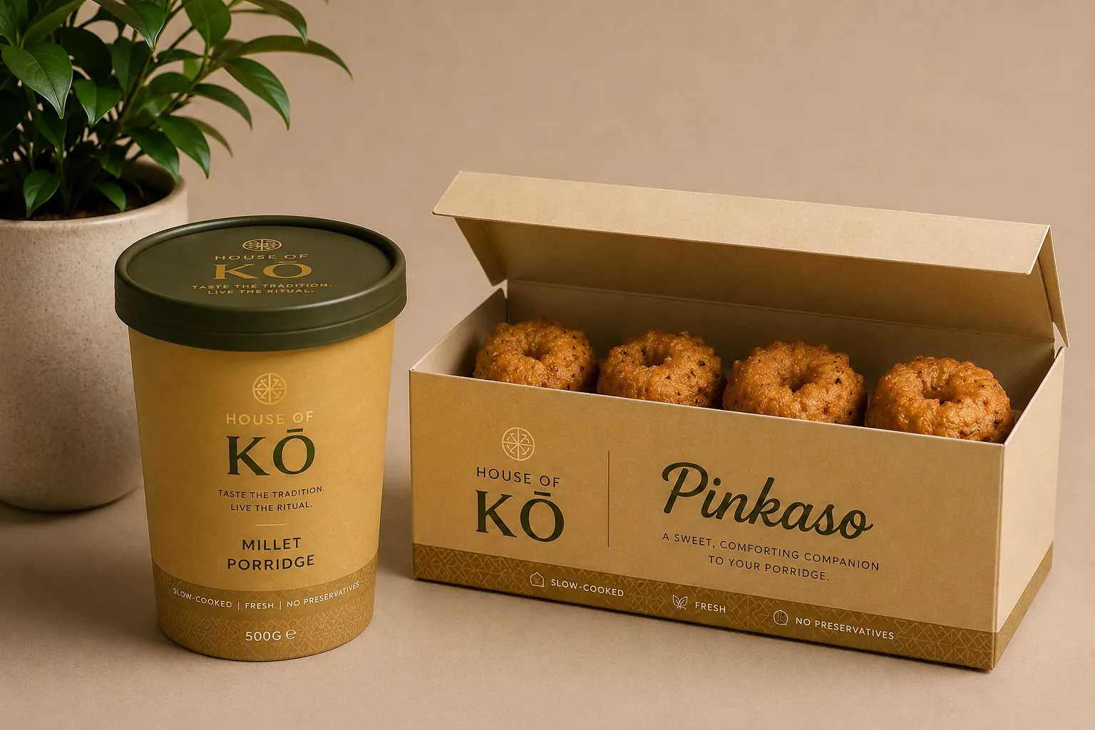 House of KŌ Millet Porridge tub beside a box of Pinkaso