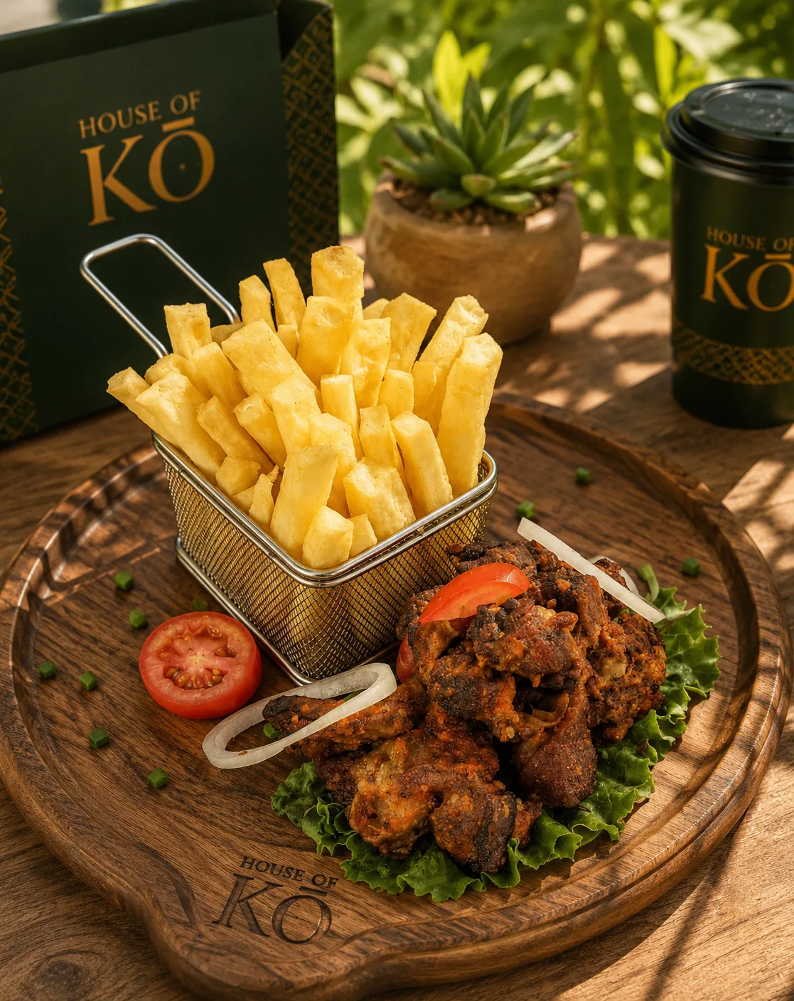 A wooden board with golden yam chips and grilled suya