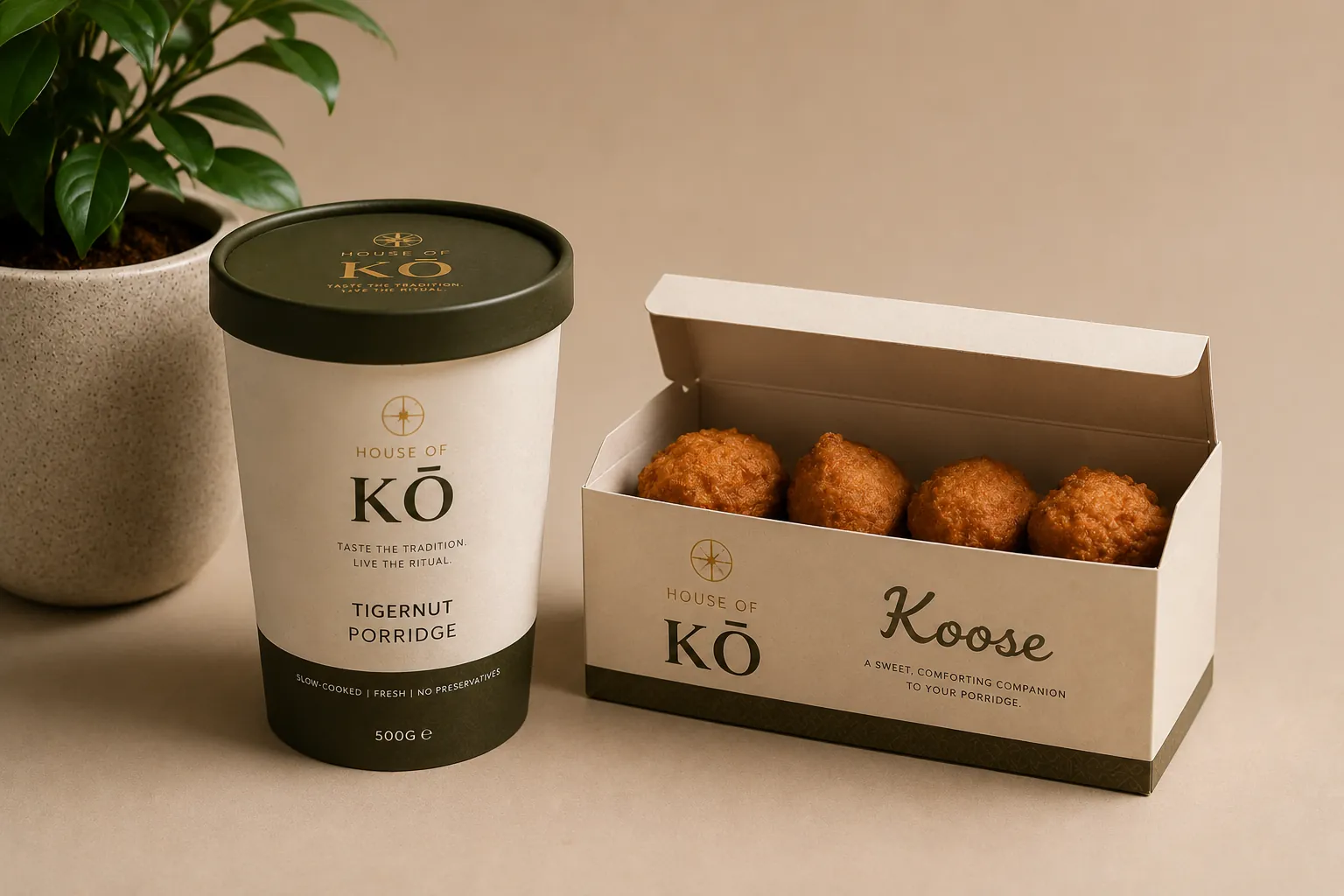 Tigernut Porridge tub with a box of Koose