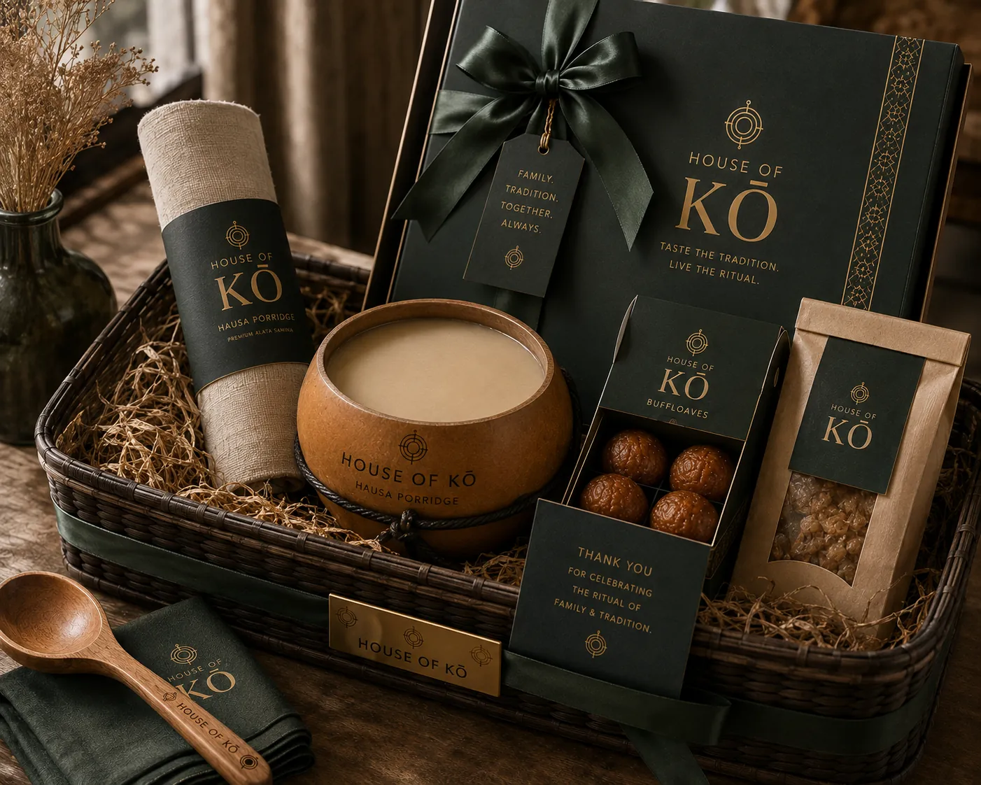House of KŌ family hamper with Hausa porridge calabash, Buffloaves, grain pouch, linen napkins and keepsake box