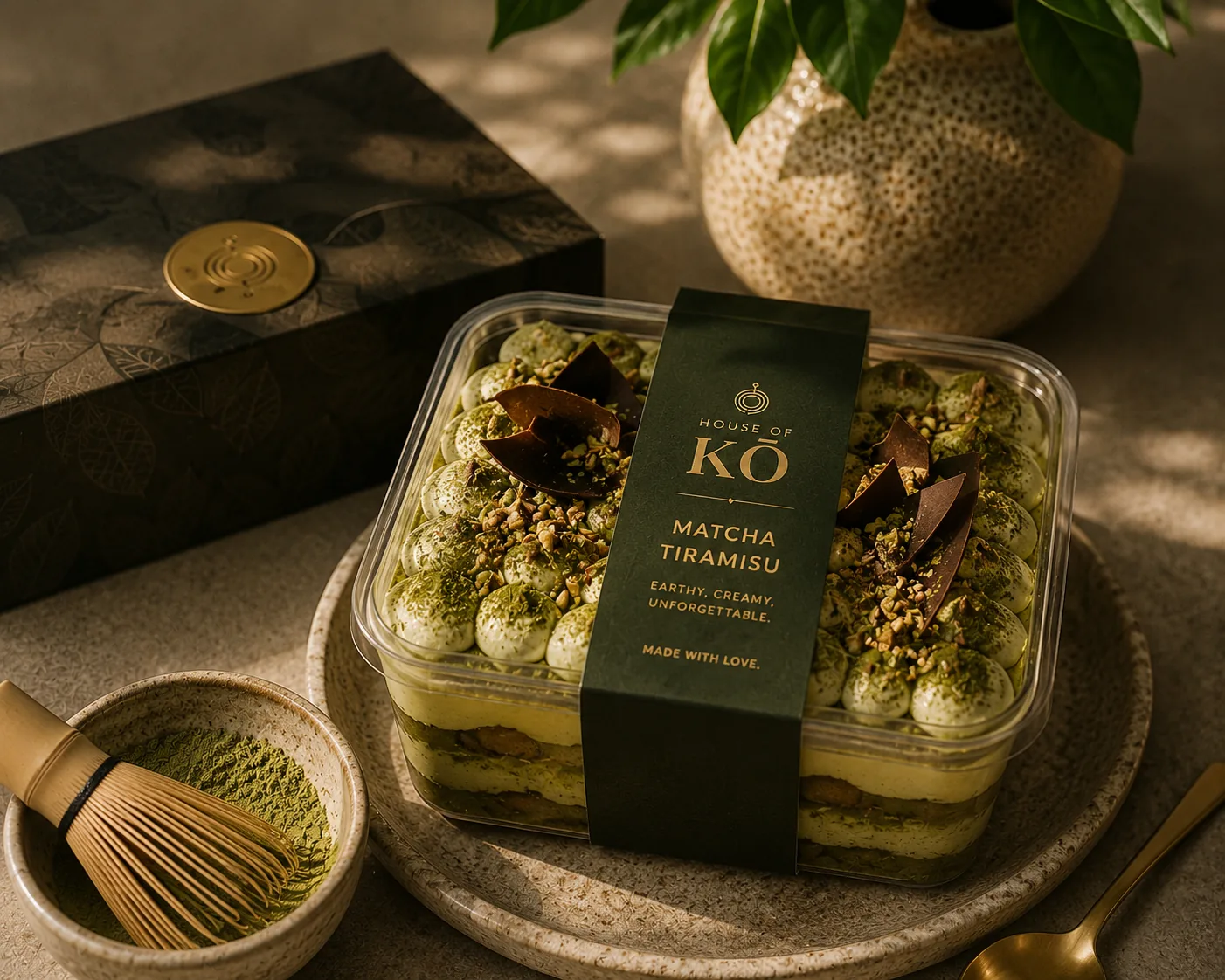 House of KŌ Matcha Tiramisu in a clear tub with a deep green and gold band, piped matcha cream, pistachio crumb and chocolate shards, beside a matcha bowl and whisk