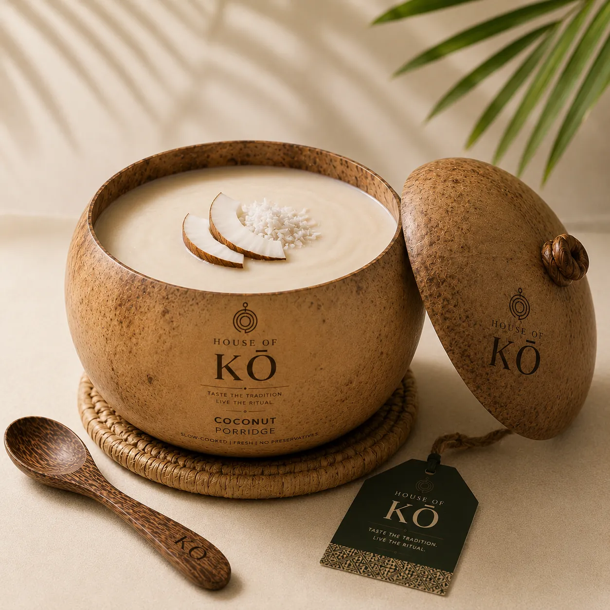 House of KŌ Coconut Porridge in a lidded hand-carved calabash bowl with brand tag and wooden spoon