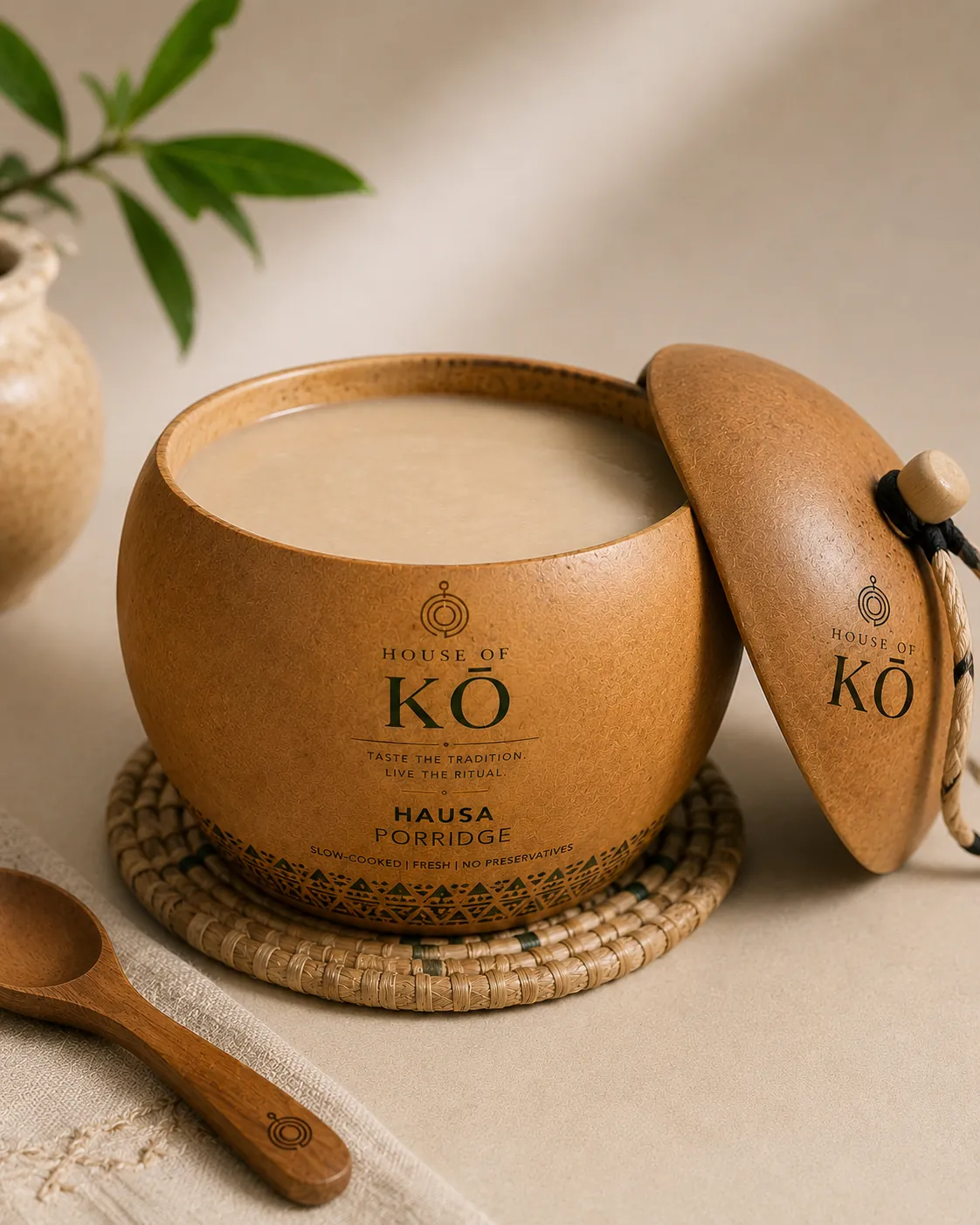 House of KŌ Hausa Porridge in a lidded calabash bowl on a woven raffia mat
