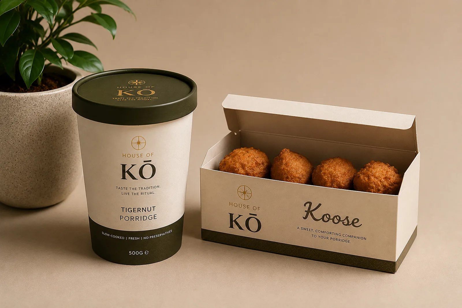 Tigernut Porridge tub with a box of Koose