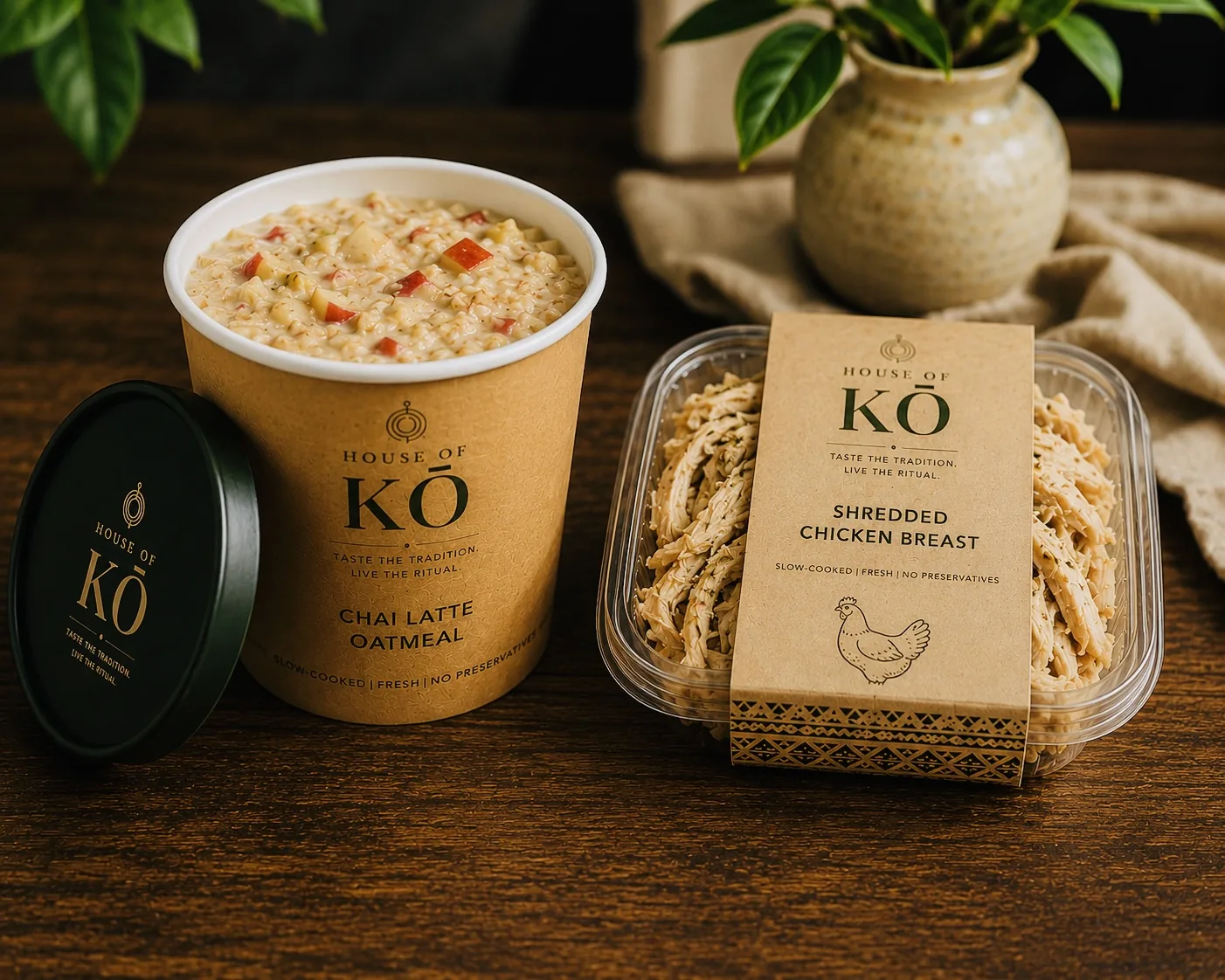 House of KŌ Chai Latte Oatmeal cup with Shredded Chicken Breast packaging