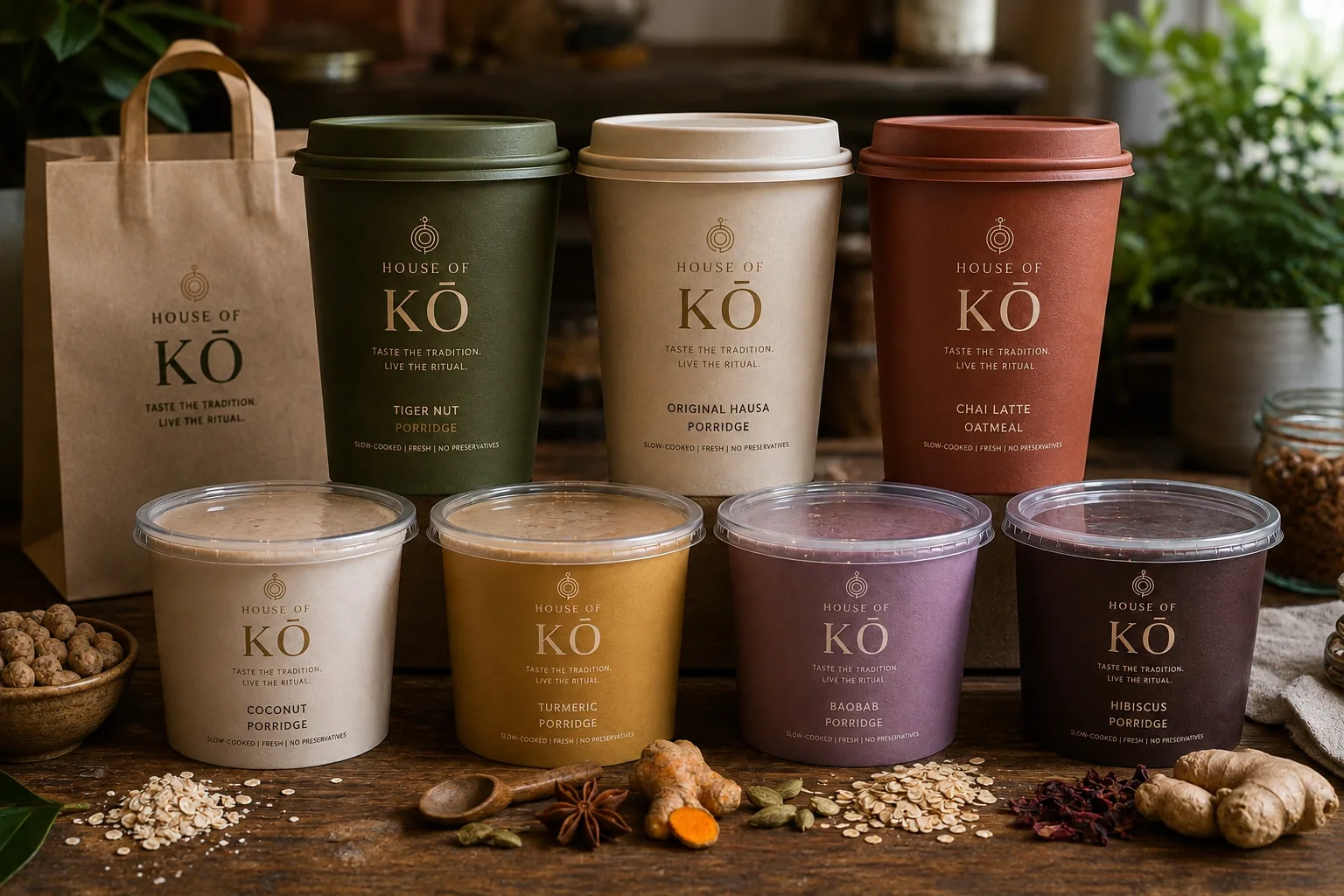 The full House of KŌ porridge lineup in branded cups and tubs