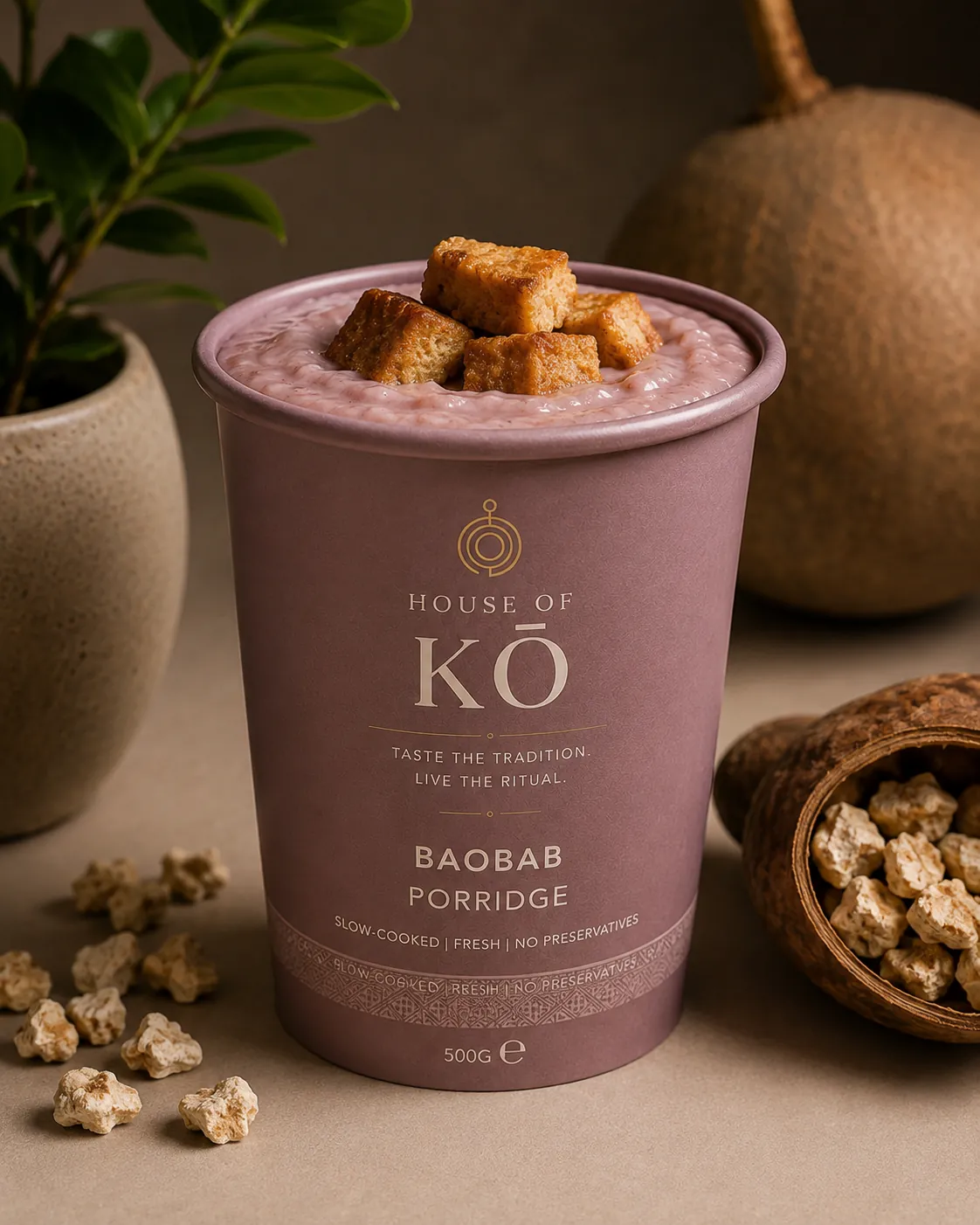 House of KŌ Baobab Porridge cup topped with bofrot cubes