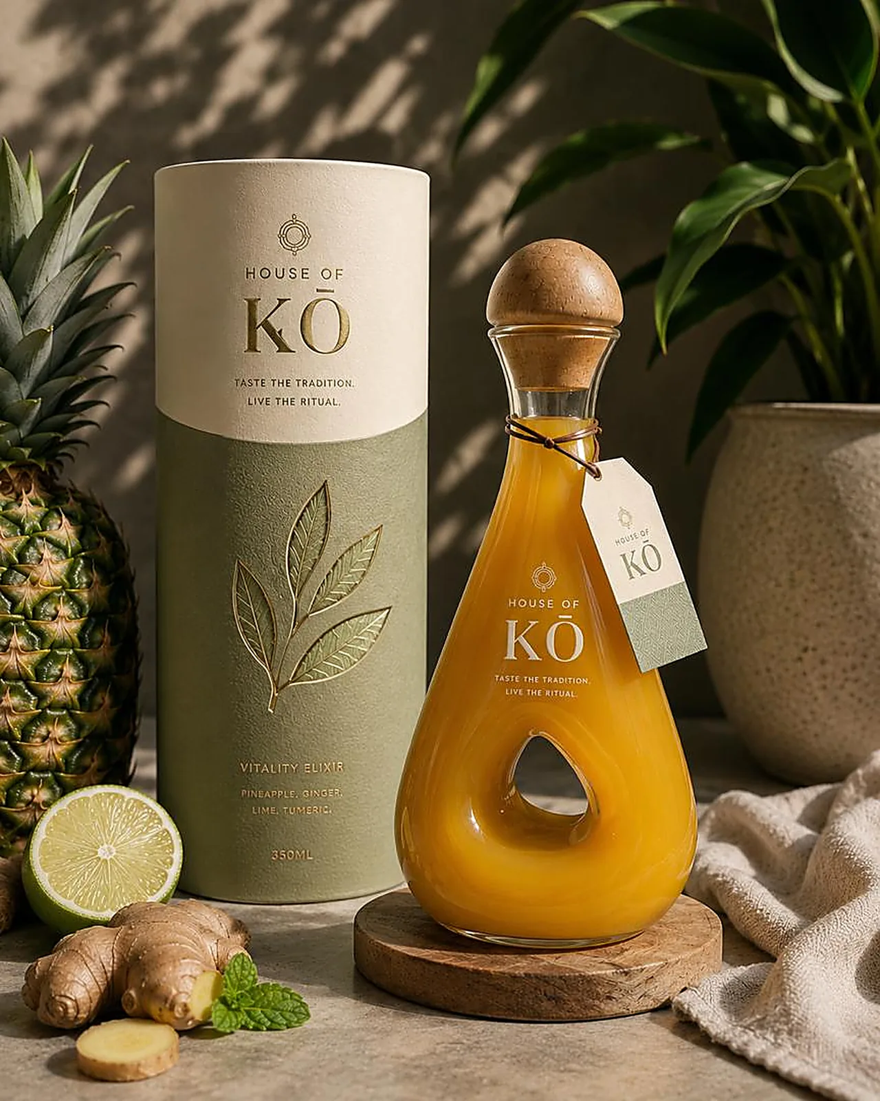 House of KŌ Vitality Elixir in the signature teardrop glass bottle with wooden stopper, beside its sage green gift tube with pineapple, lime and ginger
