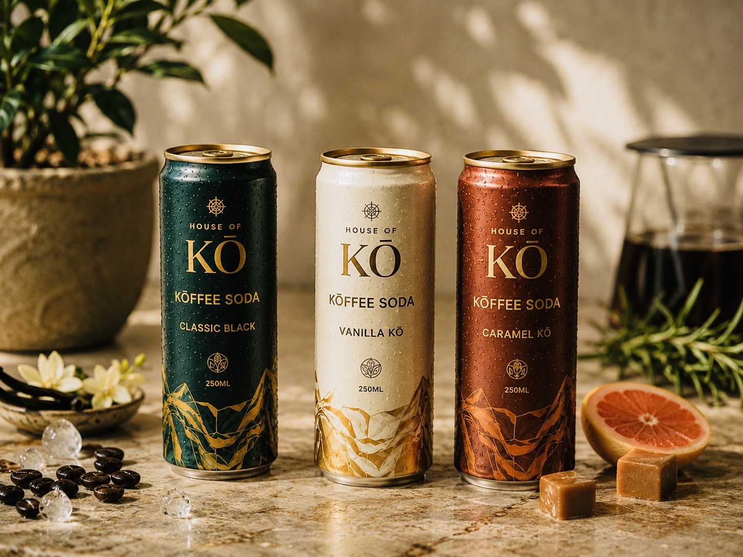 House of KŌ Koffee Soda cans — Classic Black, Vanilla Kō and Caramel Kō — 250ml in green, cream and amber