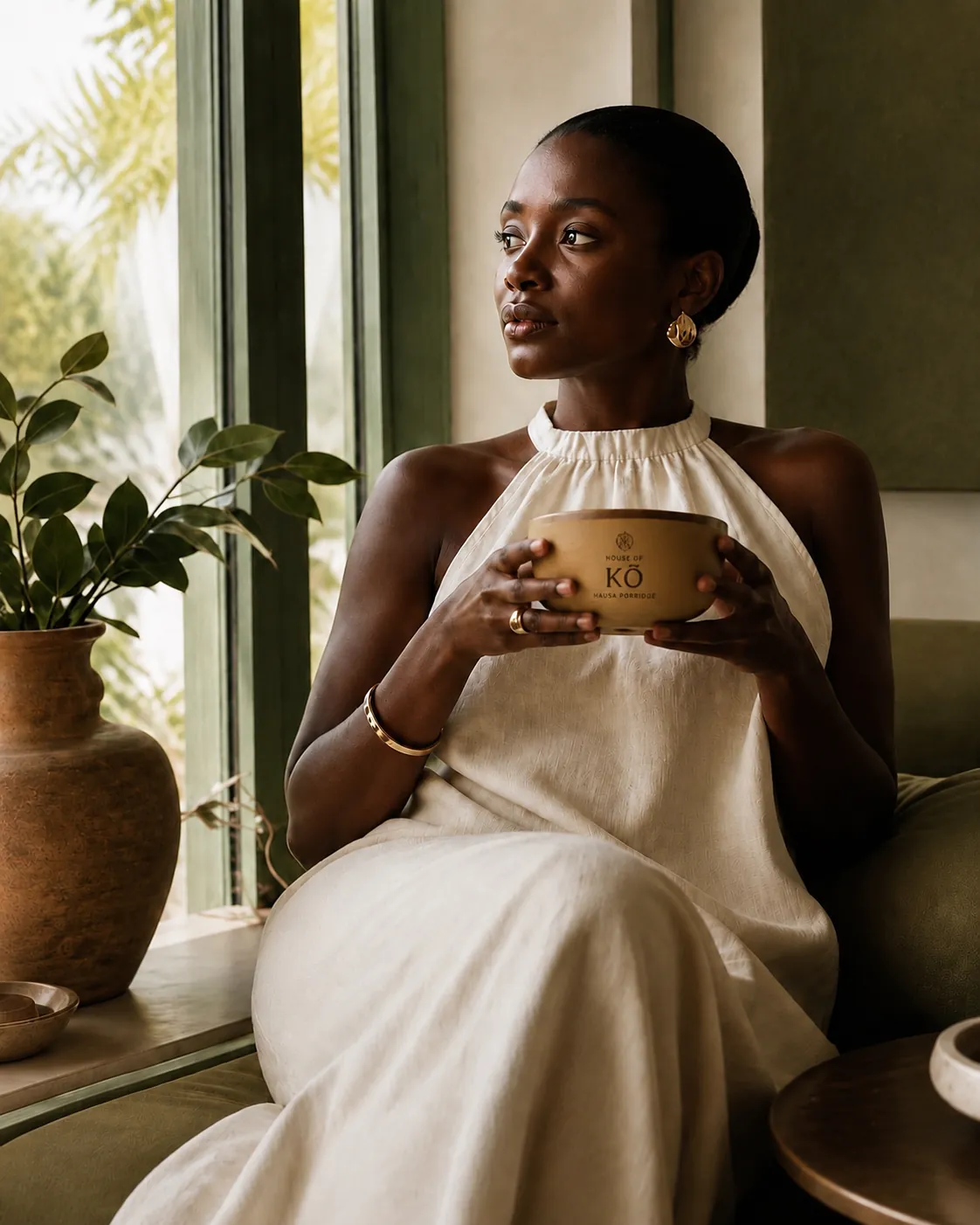 Guest in cream linen holding a House of Kō Hausa Porridge bowl by a window
