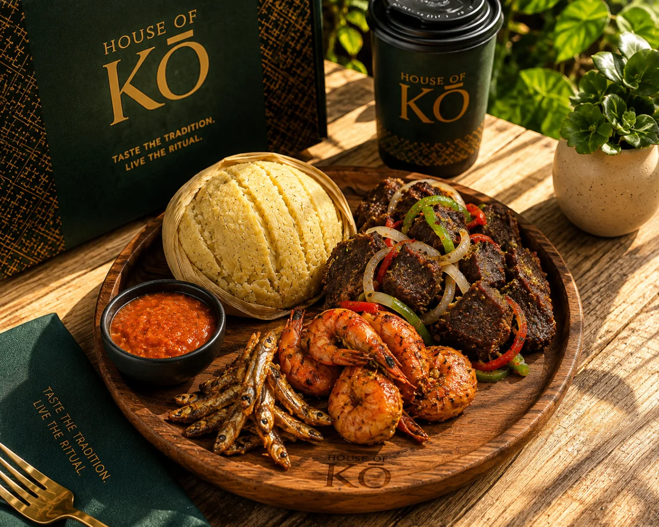 A wooden platter with kenkey wrapped in leaves, grilled meat, prawns and fried fish