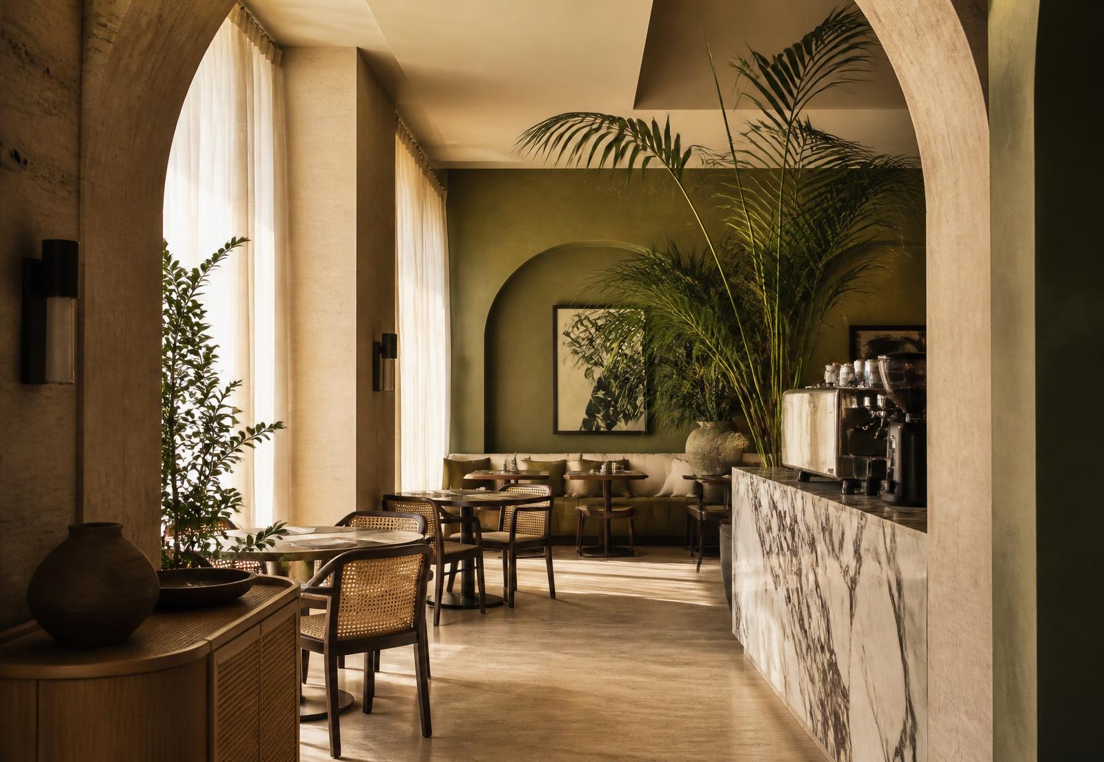 Travertine arches, olive walls and morning light in the House of KŌ dining room